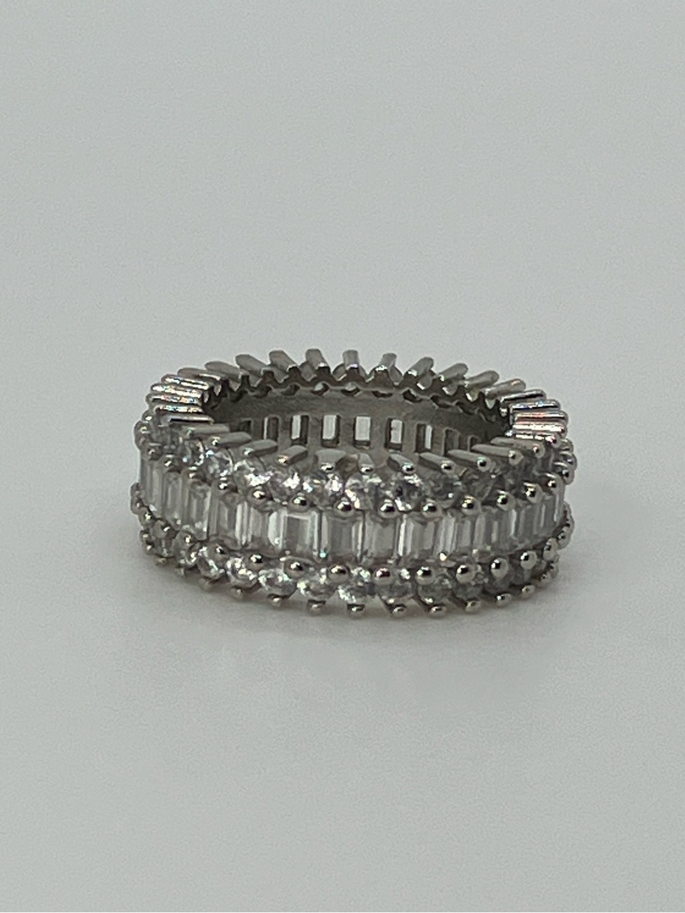 Vtg 925 Sterling Silver Triple Row Clear CZ Eternity Band Ring